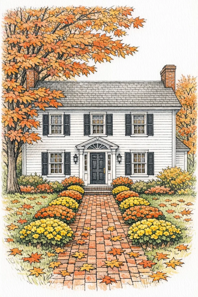 A Colonial house coloring page, colored in