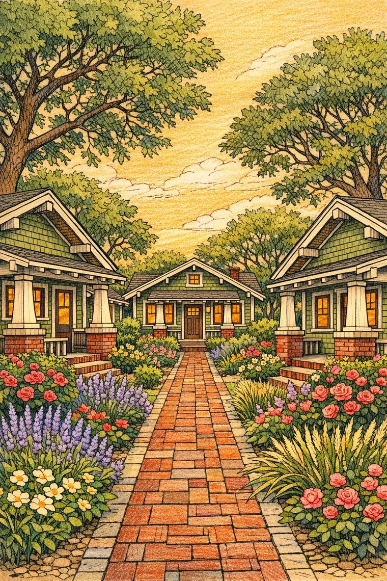 A Craftsman house coloring page, colored in
