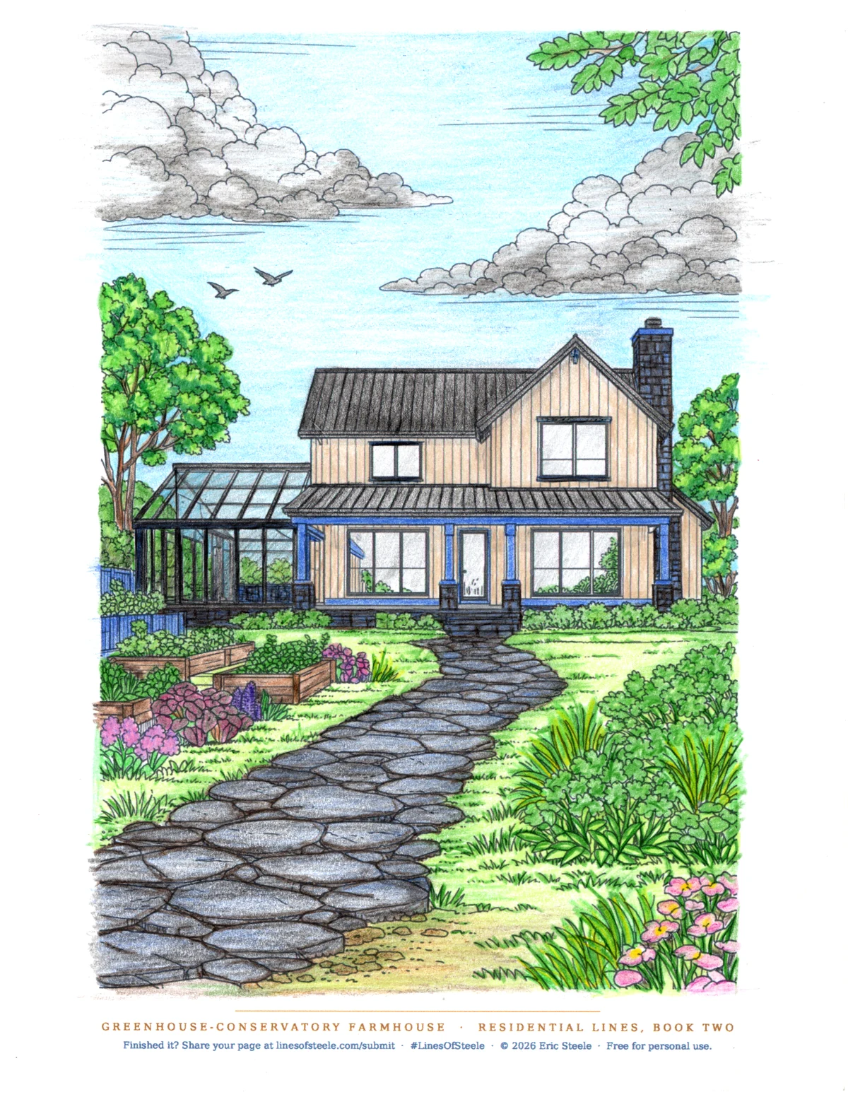 A Greenhouse-Conservatory Farmhouse page colored in blue trim, warm board-and-batten, and a green garden