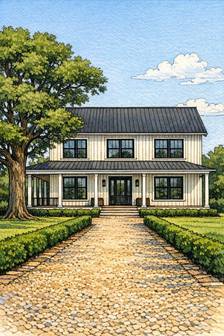 A Modern Farmhouse house coloring page, colored in
