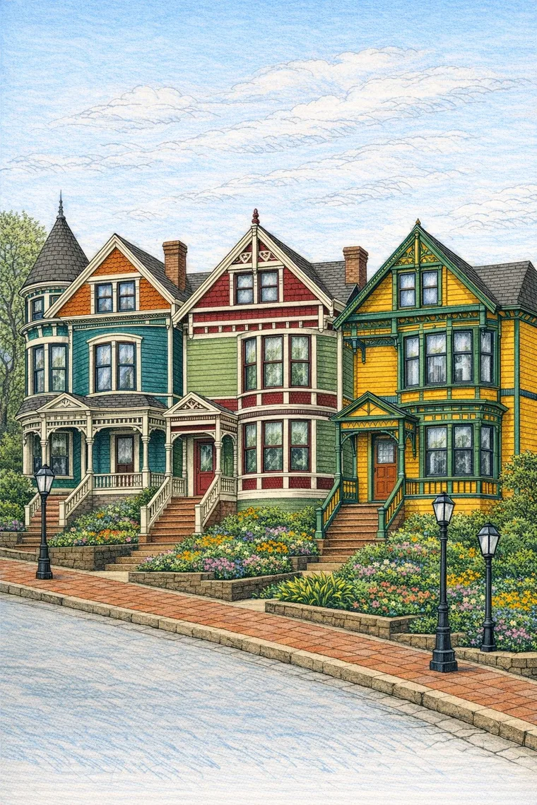 A Victorian house coloring page, colored in