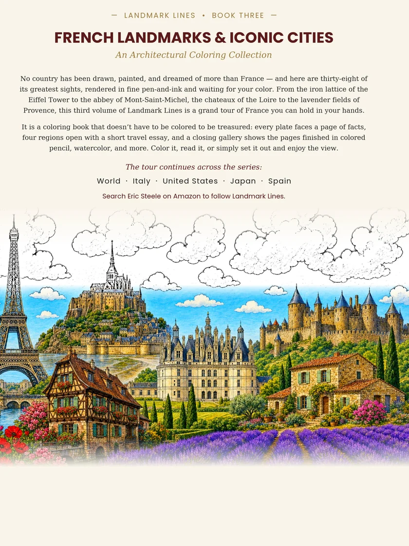 French Landmarks & Iconic Cities coloring book back cover — Lines of Steele