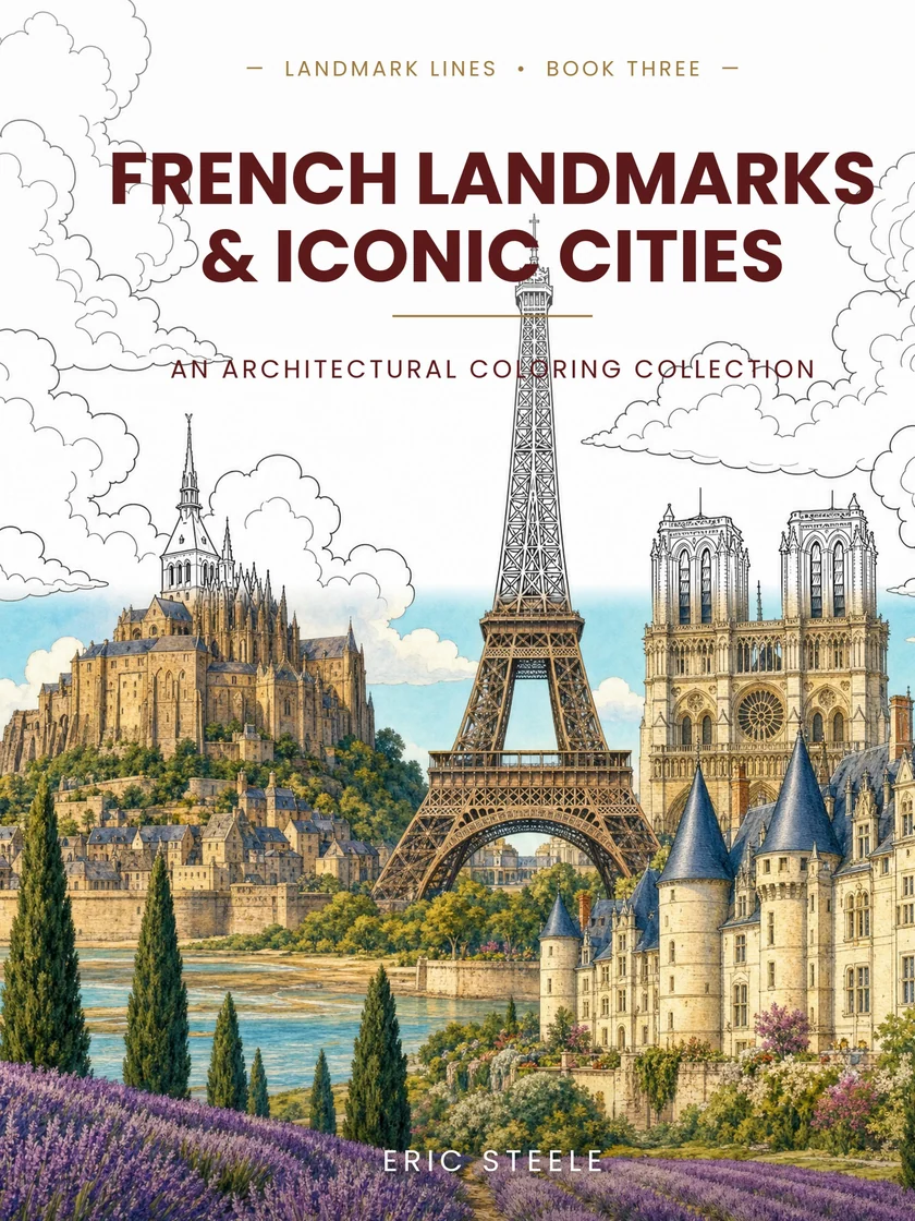 French Landmarks & Iconic Cities coloring book front cover — Lines of Steele