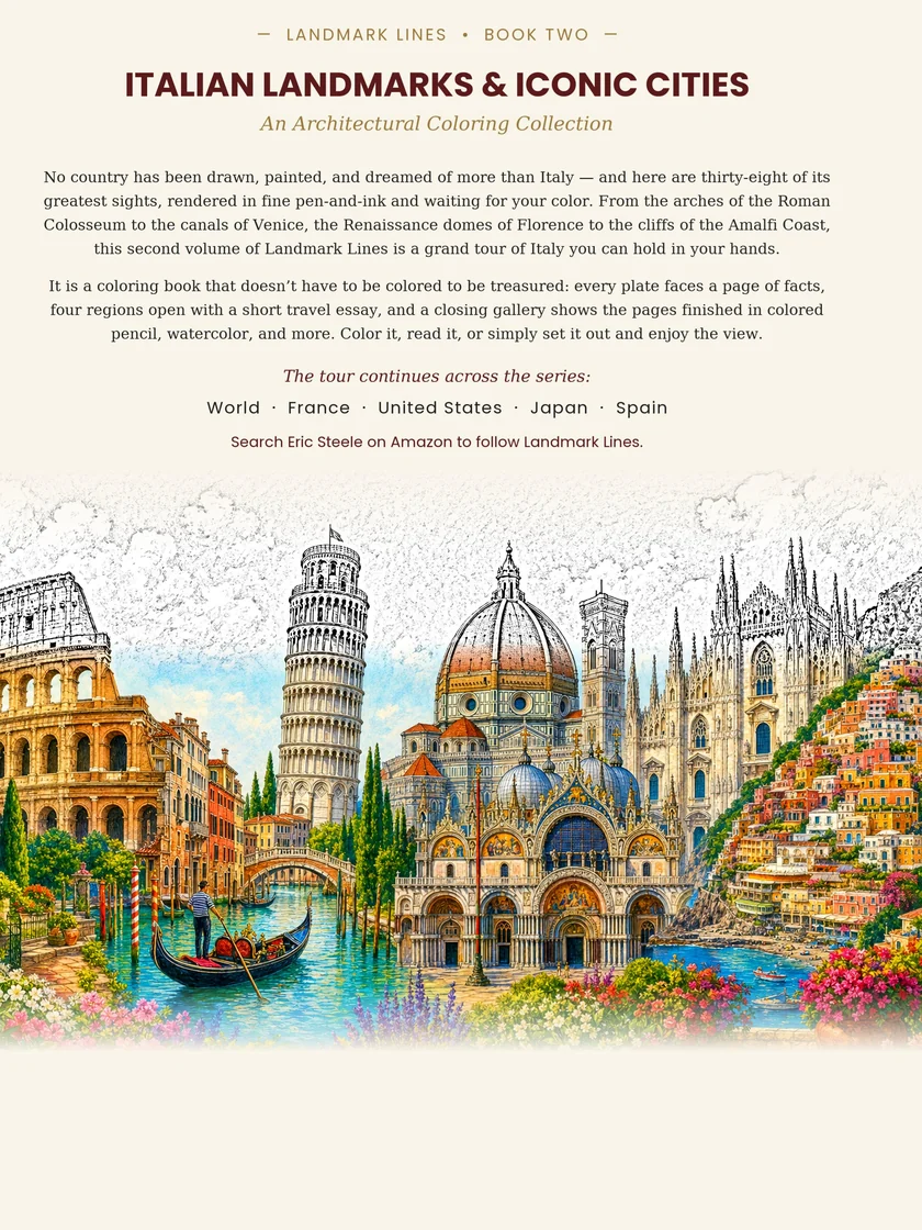 Italian Landmarks & Iconic Cities coloring book back cover — Lines of Steele
