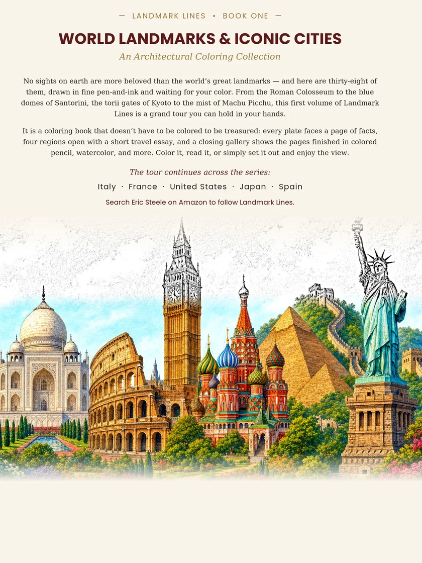 World Landmarks & Iconic Cities coloring book back cover — Lines of Steele