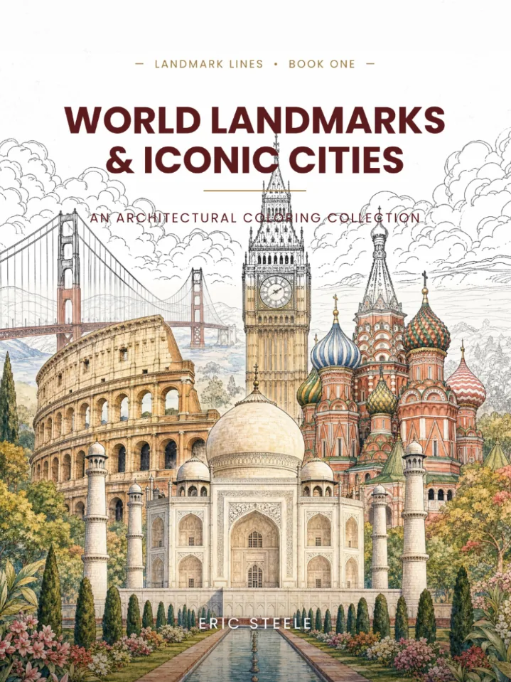World Landmarks & Iconic Cities coloring book cover — Lines of Steele