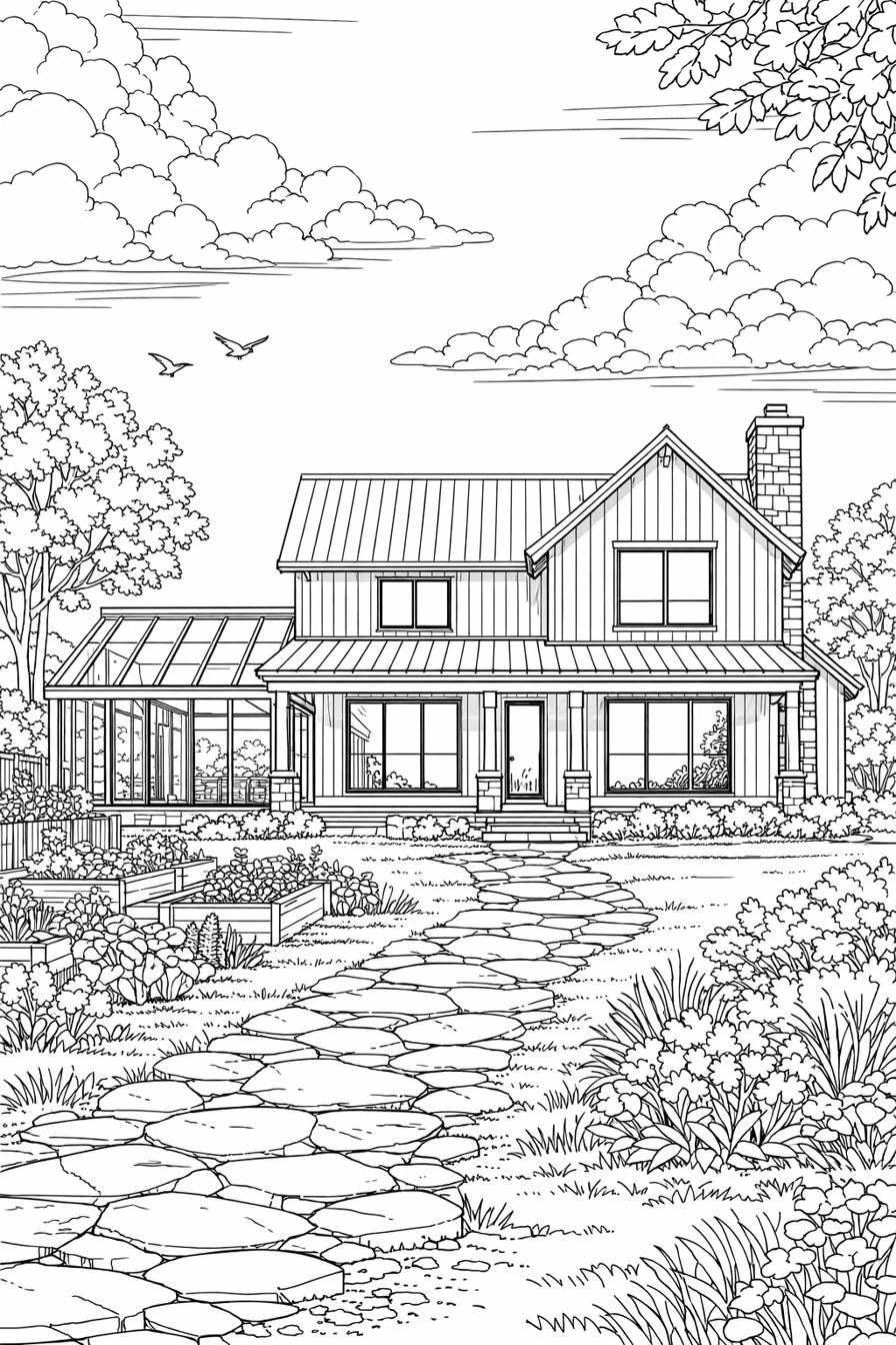 The blank Greenhouse-Conservatory Farmhouse plate, uncolored line art